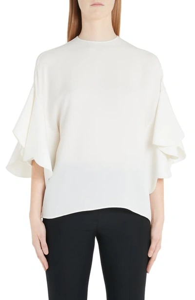 Valentino Georgette Draped-sleeve Blouse In A03-ivory