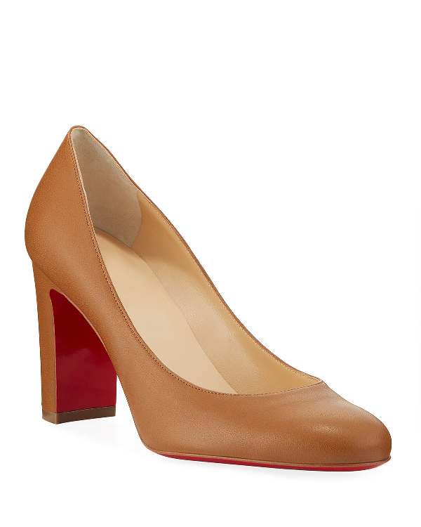 Lady Gena Block Heel Leather Pumps in Beige Lady Gena Round Toe Pump