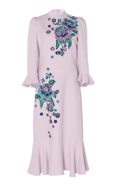 Andrew Gn Mock-neck Flare-sleeve Midi Dress W/ Beaded Floral Embroidery In Lilac
