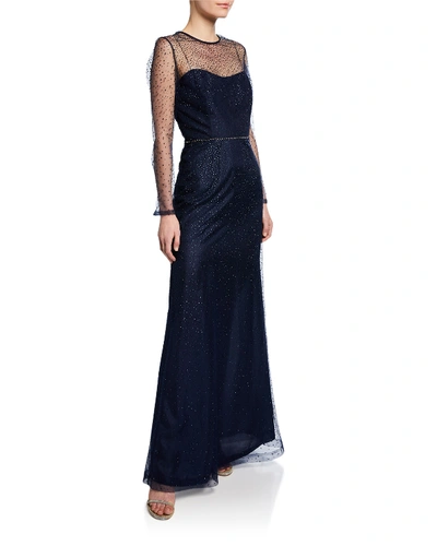 Roland Nivelais Long-sleeve Beaded-tulle Illusion Gown In Navy