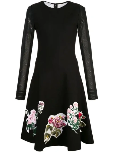Oscar De La Renta Long-sleeve Scrapbook Floral Embroidered Dress In Black