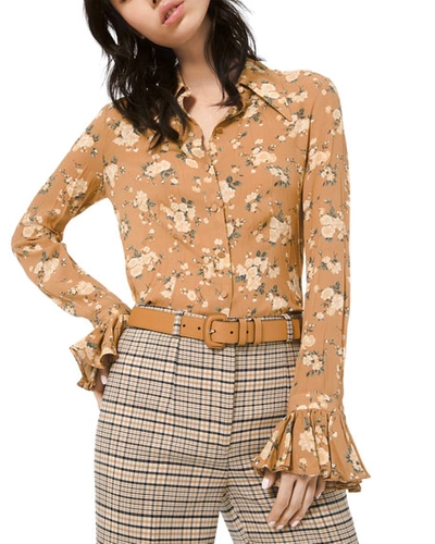Michael Kors Floral-print Crushed Bell-sleeve Shirt In Brown Pattern