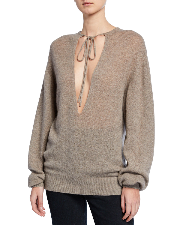 Khaite Emma Cashmere Plunging TieNeck Sweater In Light Brown ModeSens