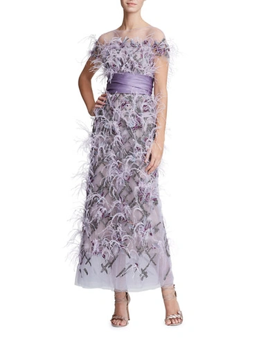 Marchesa Short-sleeve Feather-trim Tulle Illusion Long Dress In Lilac