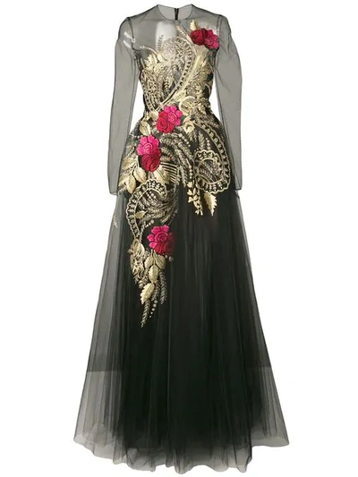 Oscar De La Renta Metallic Floral-embroidered Long-sleeve Gown In Black