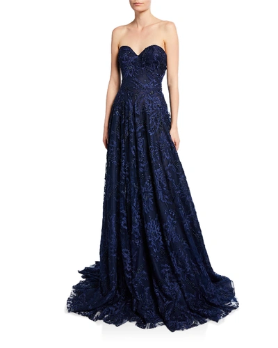 Naeem Khan Strapless Sweetheart-neck Gown In Navy