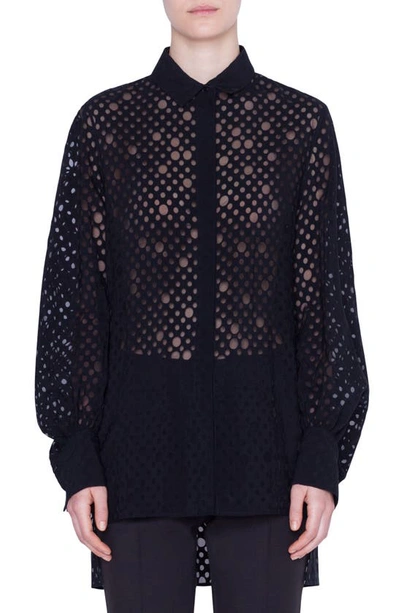 Akris Punto Kent-collar Organza-layered Jersey Blouse In Black