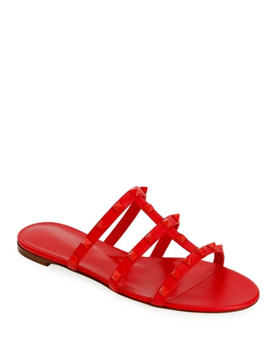 Valentino Garavani Tonal Rockstud Flat Leather Slide Sandals In Red