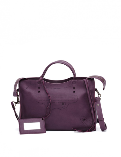 Balenciaga Blackout City Purple Leather Handbag In White