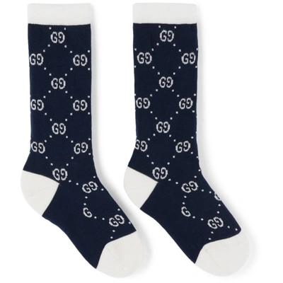Gucci Kids' Logo Intarsia Cotton Blend Knit Socks In Blue