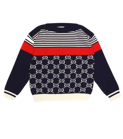 Gucci Kids' Logo Jacquard Cotton Knit Sweater In Blue