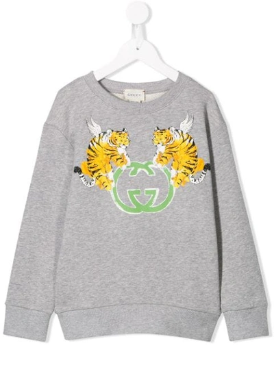 Gucci Kids' Logo & Tiger Print Cotton Sweatshirt In Grey