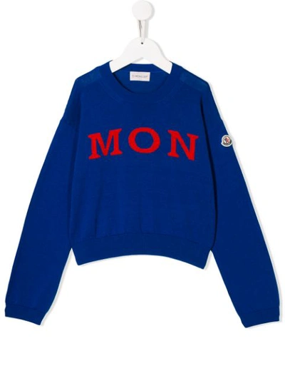 Moncler Kids' Logo Intarsia Cotton Knit Sweater In Blue
