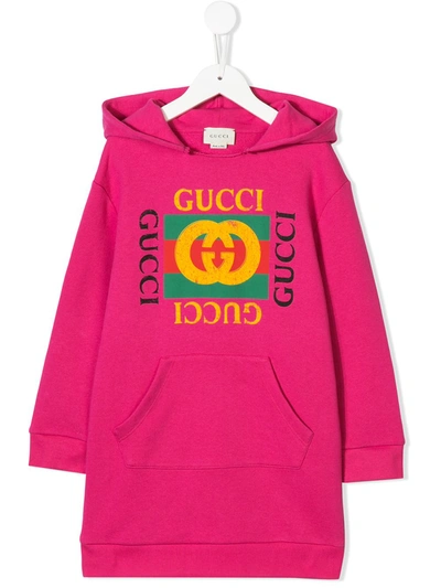 Gucci Kids' Logo Hooded Cotton Sweatshirt Dress In Pink