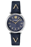 Versace V Twist Leather Strap Watch, 36mm In Blue/ Silver
