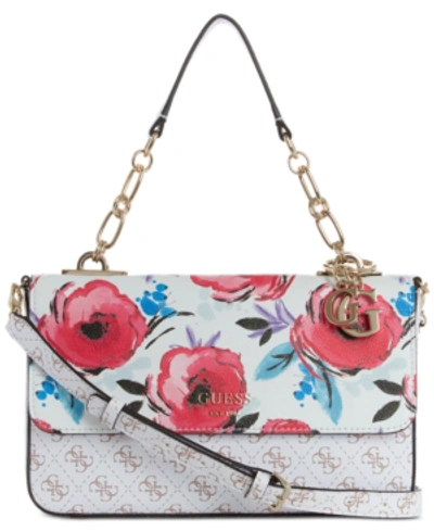 Guess Logo Rock Floral Top Handle Crossbody In White Multi/gold