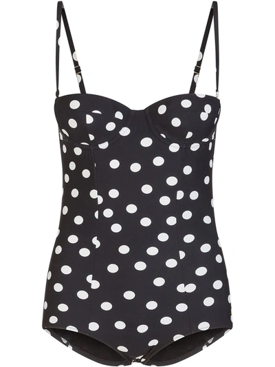 Dolce & Gabbana One-piece Balconette Swimsuit With Polka Dot Print In Black