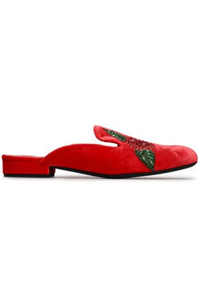 Oscar De La Renta Woman Embellished Embroidered Velvet Slippers Tomato Red