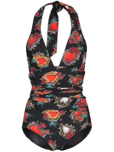 Dolce & Gabbana Scared Heart Print Swimsuit In Black