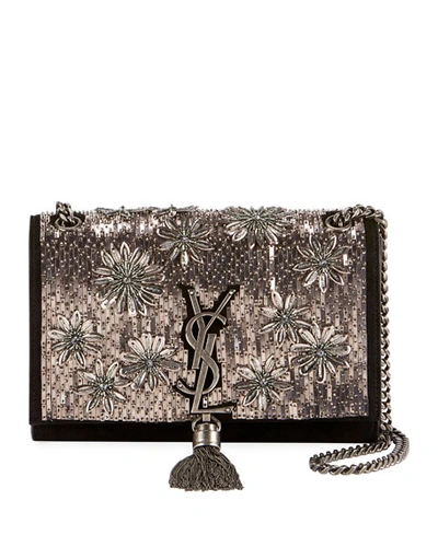 Saint Laurent Kate Small Ysl Monogram Tassel Crossbody Bag With Beaded Flowers In Black Metallic