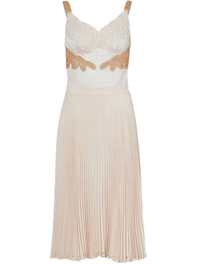 Burberry Lace And Leather-trimmed Satin And Pleated Crepe De Chine Dress In Neutrals