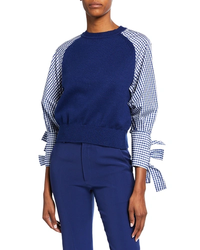 Adeam Bow-cuffed Striped-sleeve Sweater In Navy