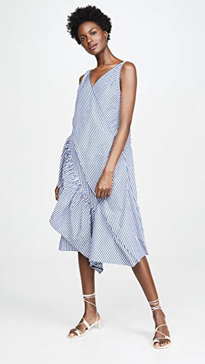 Adeam Moga Gingham Ruffled Slip Dress In Navy/white