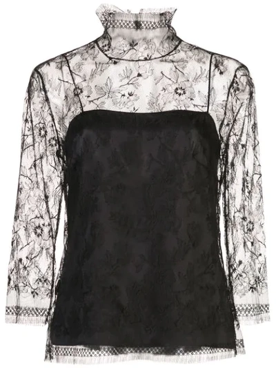 Adam Lippes 3/4-sleeve Chantilly Lace Turtleneck Blouse With Cami In Black