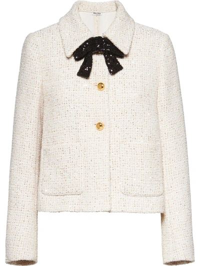 Miu Miu Sequin-bow Neck Tweed Jacket In Ivory