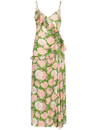 Miu Miu Floral-print Wrapped Ruffle Midi Dress In Felece+ Petalo