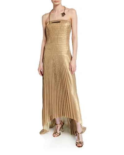 Akris Pleated Strapless Gown With Golden Necklace