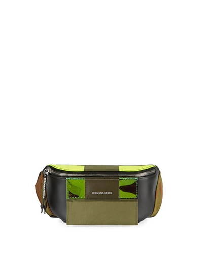 Dsquared2 Men's Small Leather Belt Bag W/ Canvas Trim In Multi Pattern