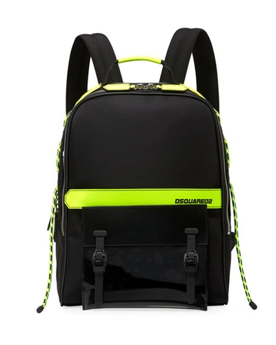Dsquared2 Men's Multi-zip Canvas Backpack W/ Leather Trim In Black Pattern