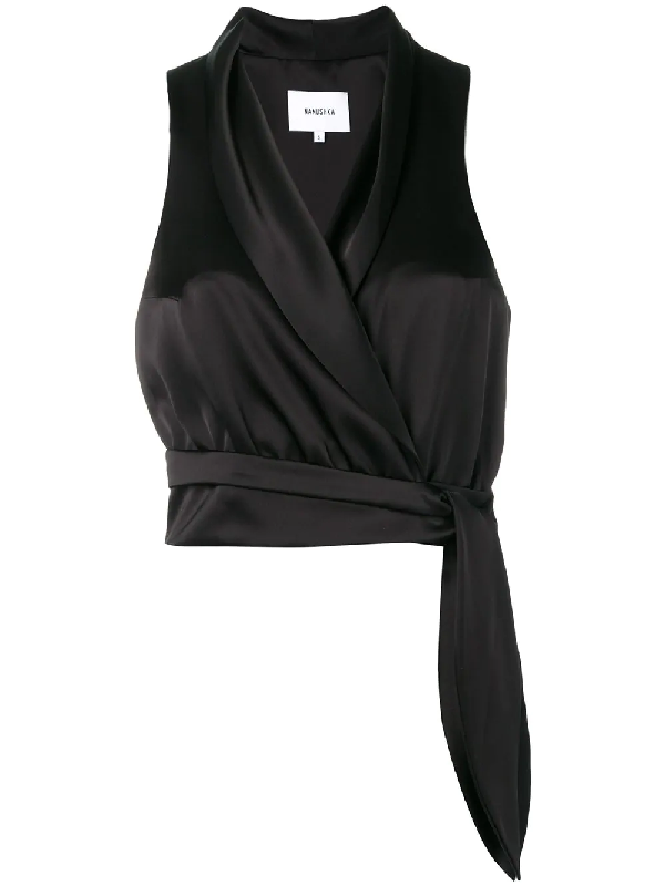 black sleeveless wrap top