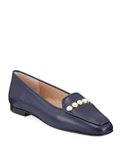Stuart Weitzman Rosie Pearly-studded Leather Flat Loafers In Nice Blue