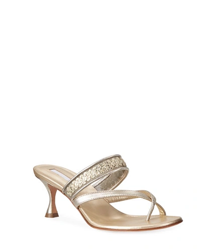 Manolo Blahnik Susa Sequined Metallic Slide Sandals In Gold