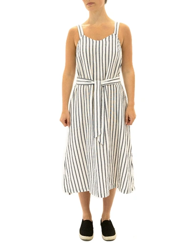Three Dots Striped Sleeveless Midi Cotton Dress In Denim Natural