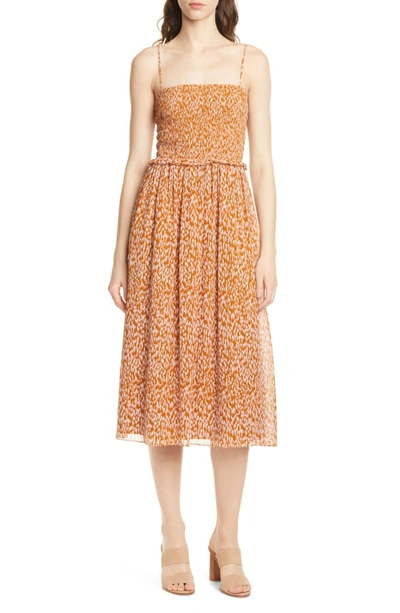 Joie Ambroise Smocked Silk Dress In Copper