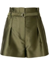 3.1 Phillip Lim Belted Ruffle-trimmed Satin Shorts In Green