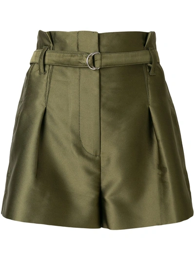 3.1 Phillip Lim Belted Ruffle-trimmed Satin Shorts In Green