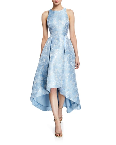 Aidan Mattox Printed Jacquard High-low Sleeveless Gown In Steel Blue