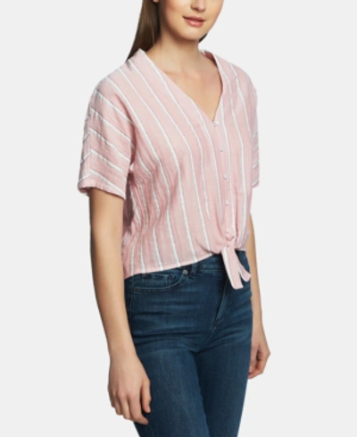 1.state Sunwashed Stripe Tie Front Cotton Shirt In Capri Rose