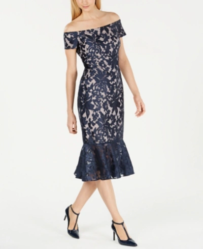 Calvin Klein Off-the-shoulder Floral Lace Dress In Indigo Nude