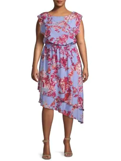 Adrianna Papell Plus Baroque Floral Blouson Dress In Periwinkle