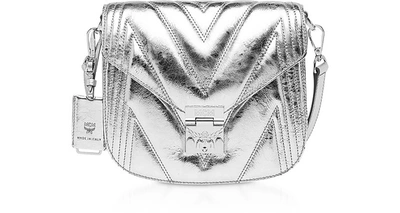 Mcm Patricia Shoulder Bag In Quilted Metallic Leather In Light Silver