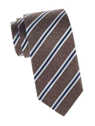 Isaia Diagonal Stripe Silk Tie In Brown Blue