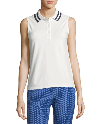 Tory Sport Pleated-collar Sleeveless Polo Top, White