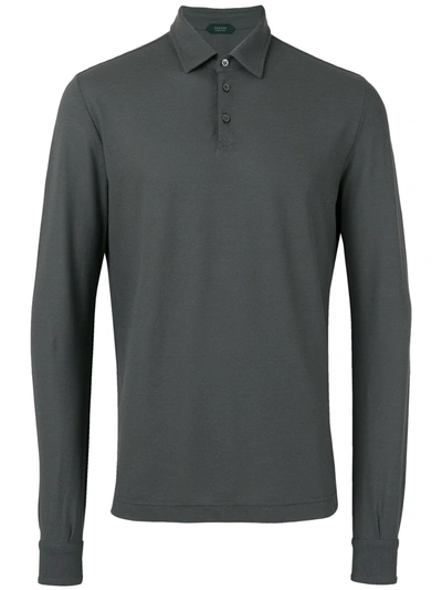 Zanone Grey Cotton Long Sleeve Polo Shirt In Dark Grey