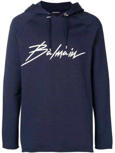 Balmain Logo Print Cotton Sweatshirt Hoodie In Blue