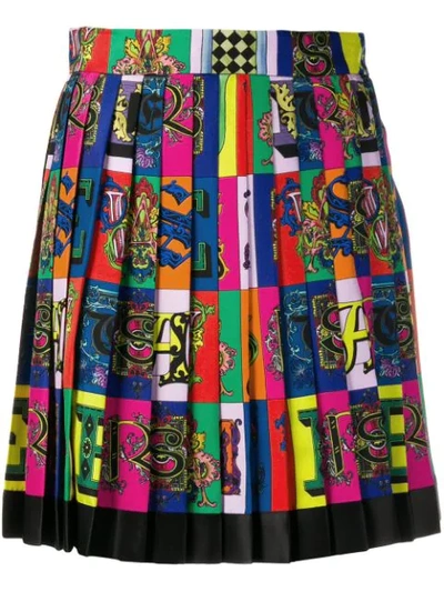 Versace Alphabet Print Pleated Silk Skirt In Multicolour